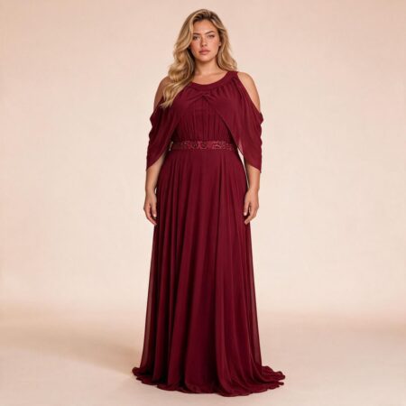 Vestido Nina Chiffon Pala Bordado, Detalhe Manga e Saia Rodada - Marsala