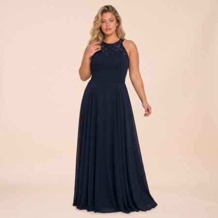 Vestido Angelina Chiffon, Bordado No Colo e Saia Rodada - Marinho