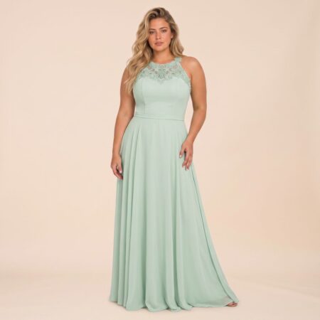 Vestido Angelina Chiffon, Bordado No Colo e Saia Rodada - Menta