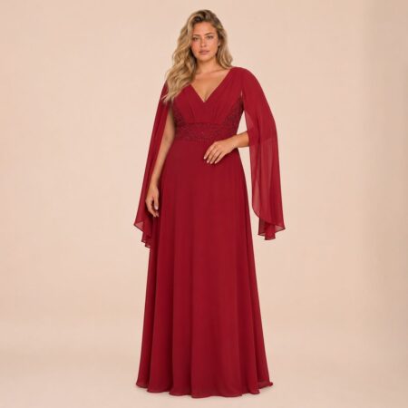 Vestido Larissa Crepe Ggt, Bordado Cintura e Capa Lateral - Vermelho