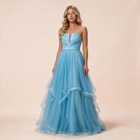 Vestido Taina Tule Brilho Busto Prega e Saia Volume - Azul Ceu