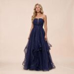 Vestido Taina Tule Brilho Busto Prega e Saia Volume - Marinho
