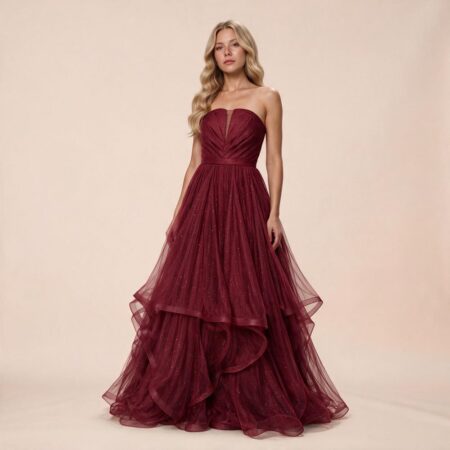 Vestido Taina Tule Brilho Busto Prega e Saia Volume - Marsala